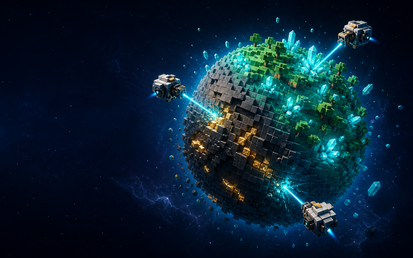 Original voxel planet with mining drones and cyan laser beams